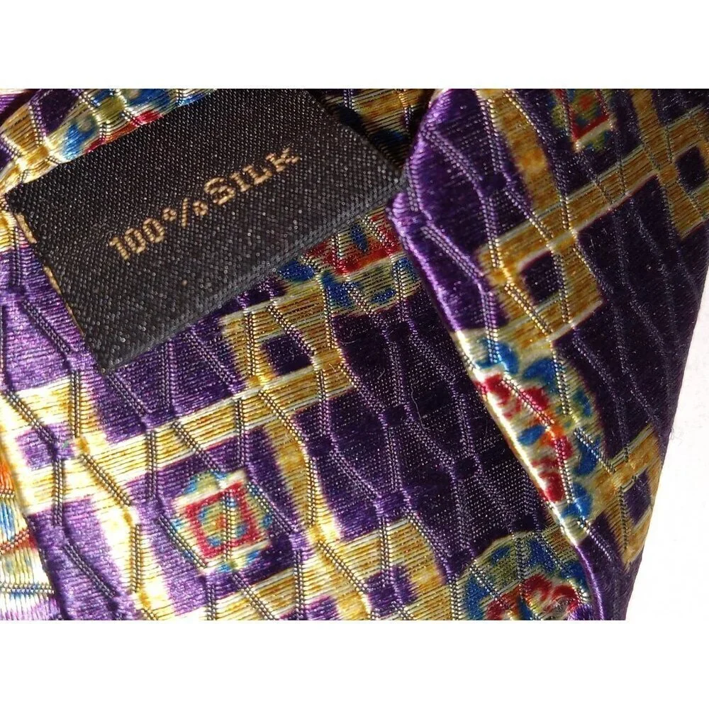 Jos.A. Bank 100% Silk Mens Tie Necktie Purple/Gold Geometric